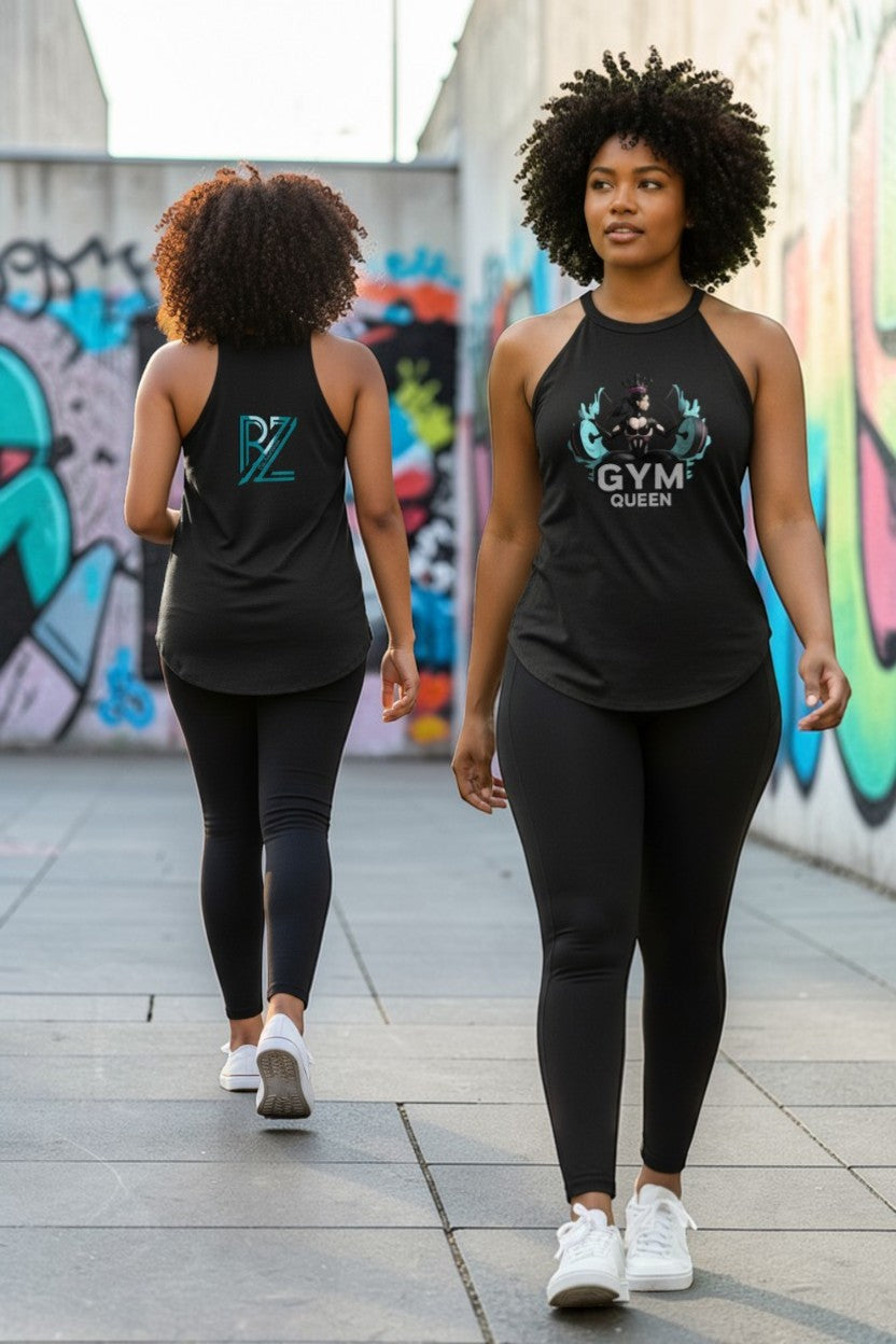 Two women walking on a sidewalk wearing black tank tops and leggings with visible text.
