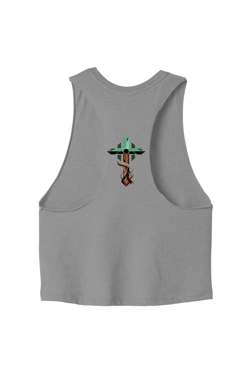 Gray tank top with a colorful graphic on the back against a white background