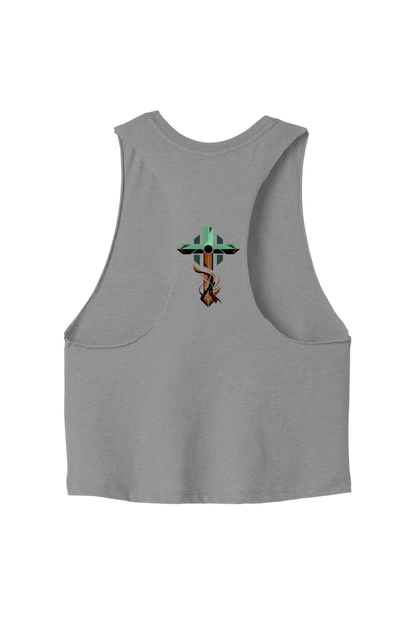 Gray tank top with a colorful graphic on the back against a white background