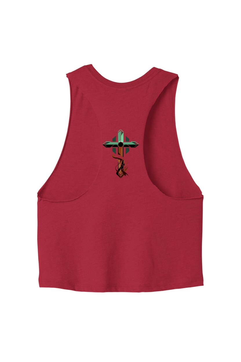 Red tank top with a graphic design on the back against a white background