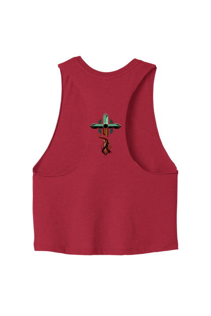 Red tank top with a graphic design on the back against a white background