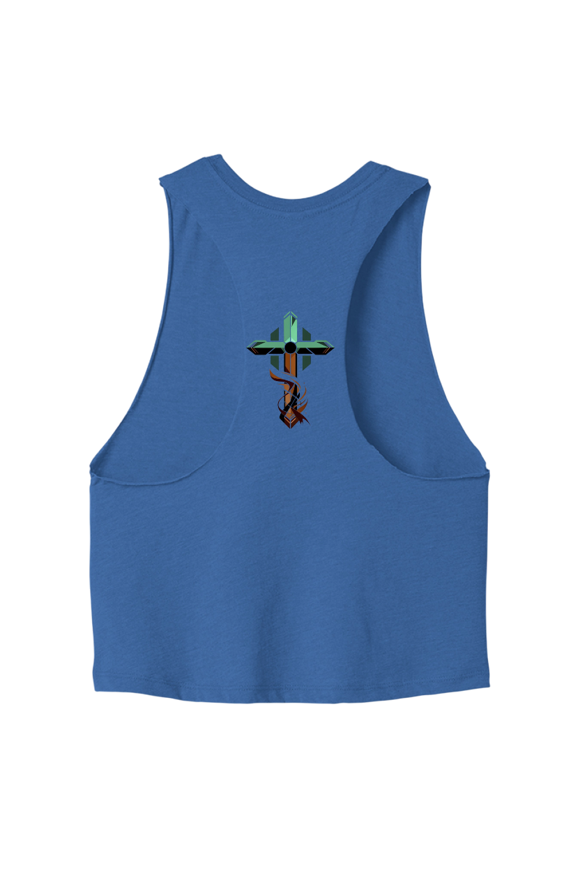 Blue tank top with a graphic design on the back against a white background