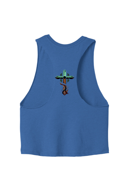 Blue tank top with a graphic design on the back against a white background