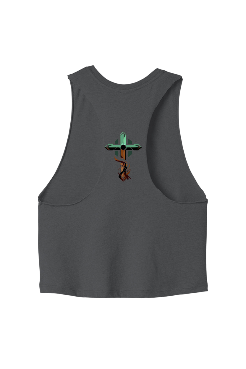 Gray tank top with a graphic design on the back against a white background