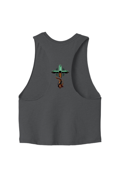 Gray tank top with a graphic design on the back against a white background