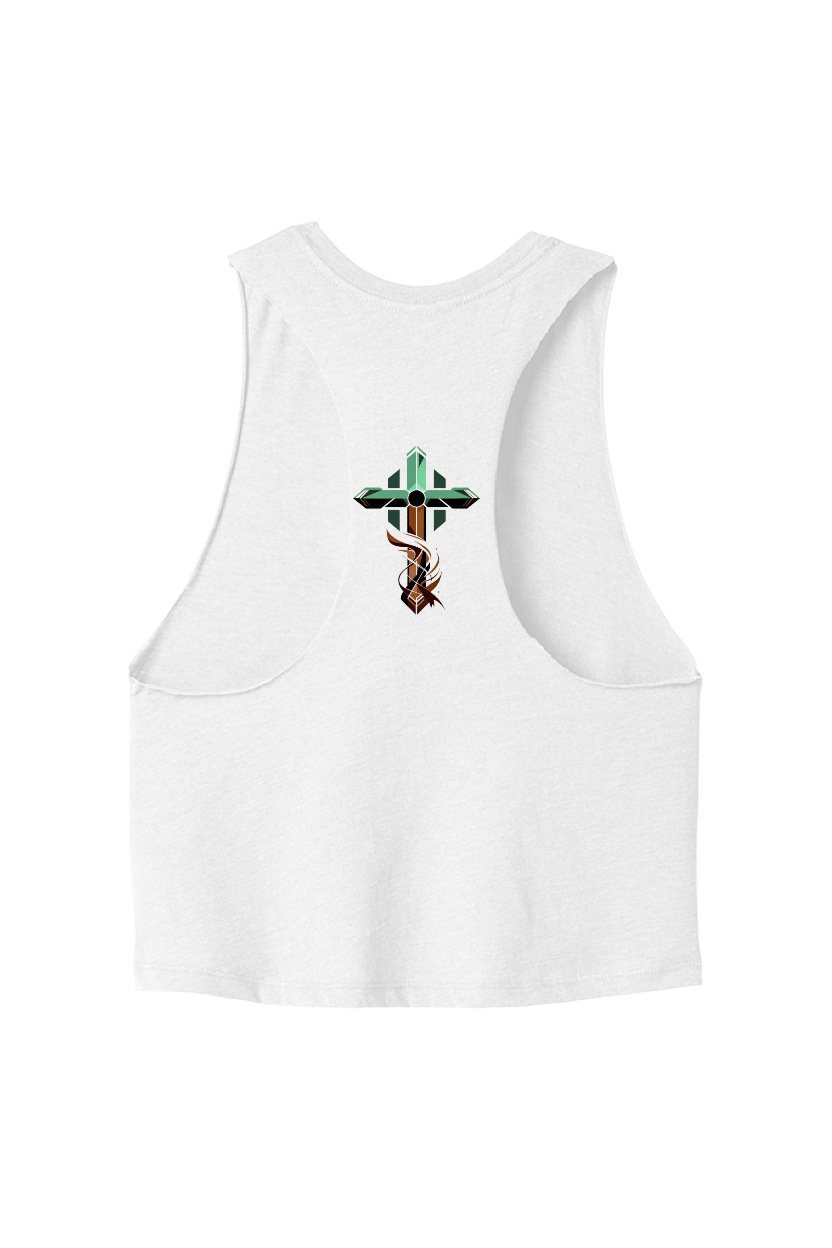 White tank top with a colorful cross design on a white background