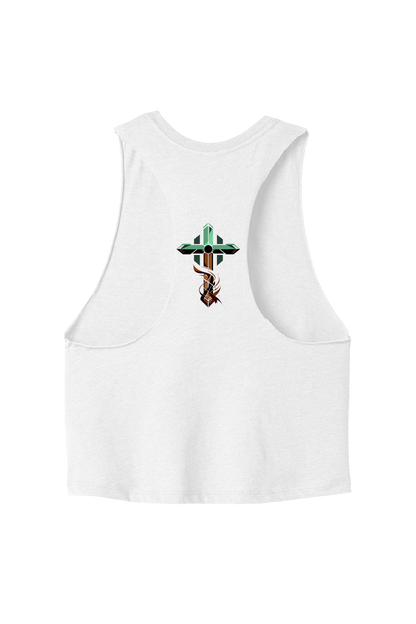 White tank top with a colorful cross design on a white background