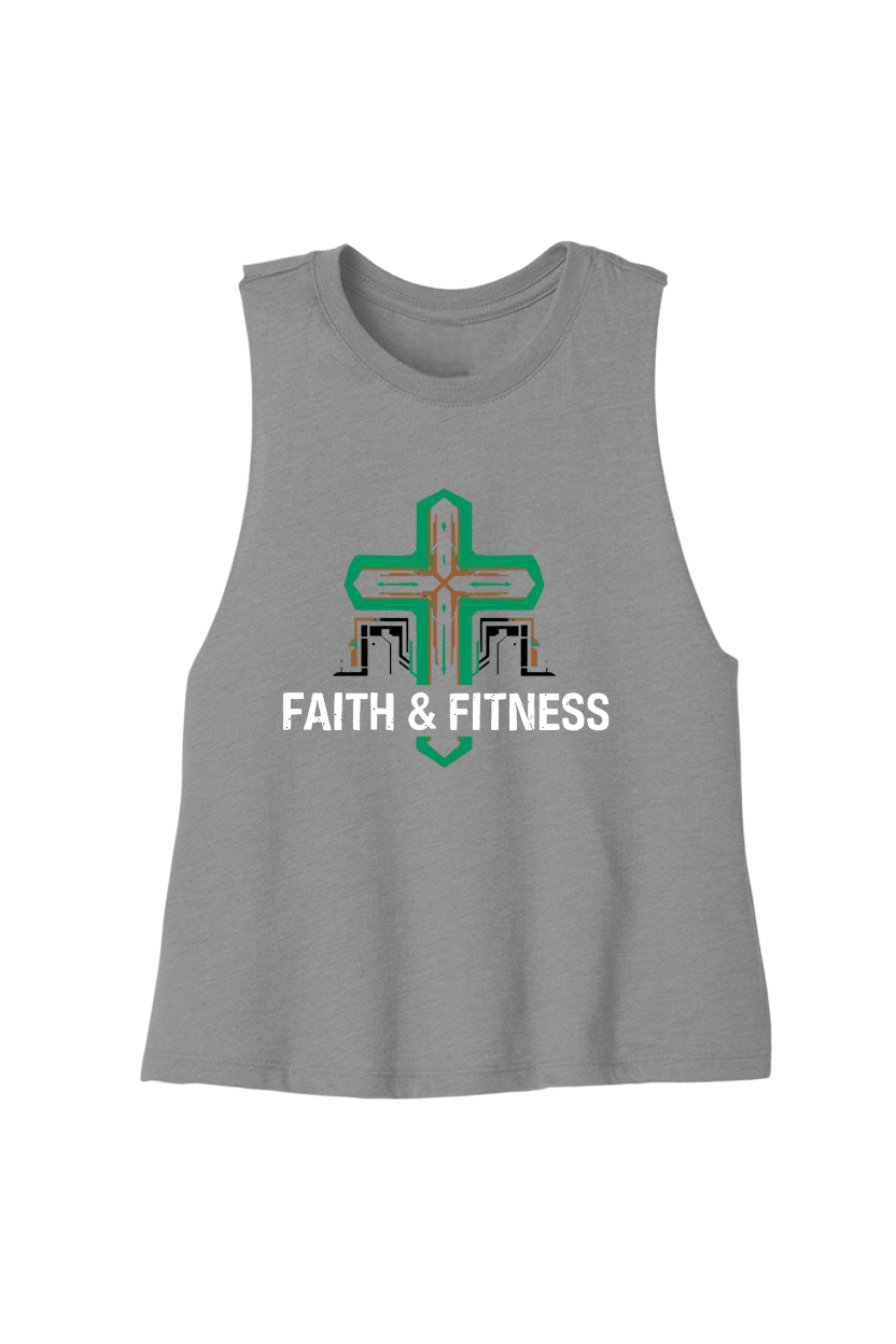 Gray tank top with 'Faith & Fitness' design on a white background
