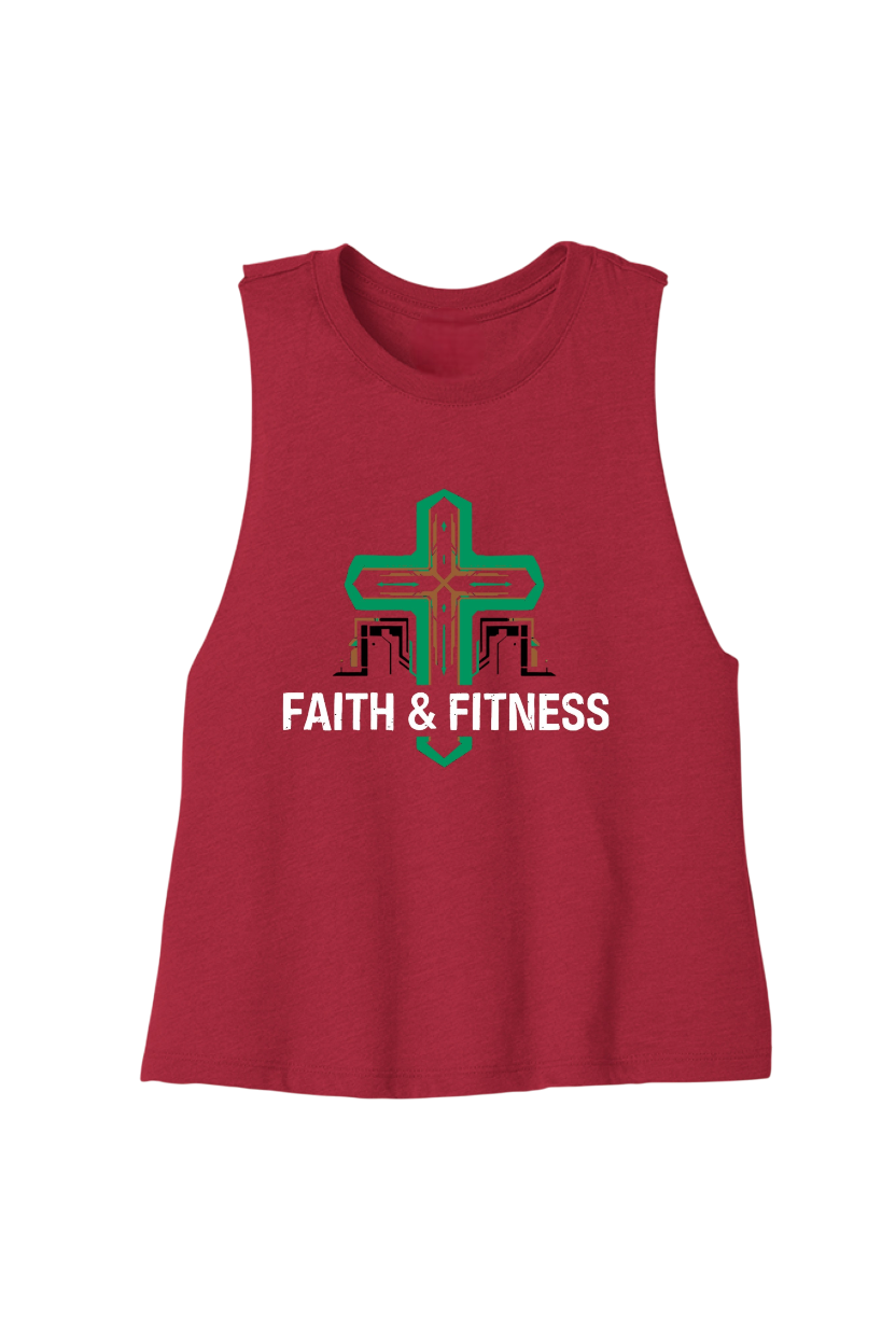 Red tank top with 'Faith & Fitness' design on a white background