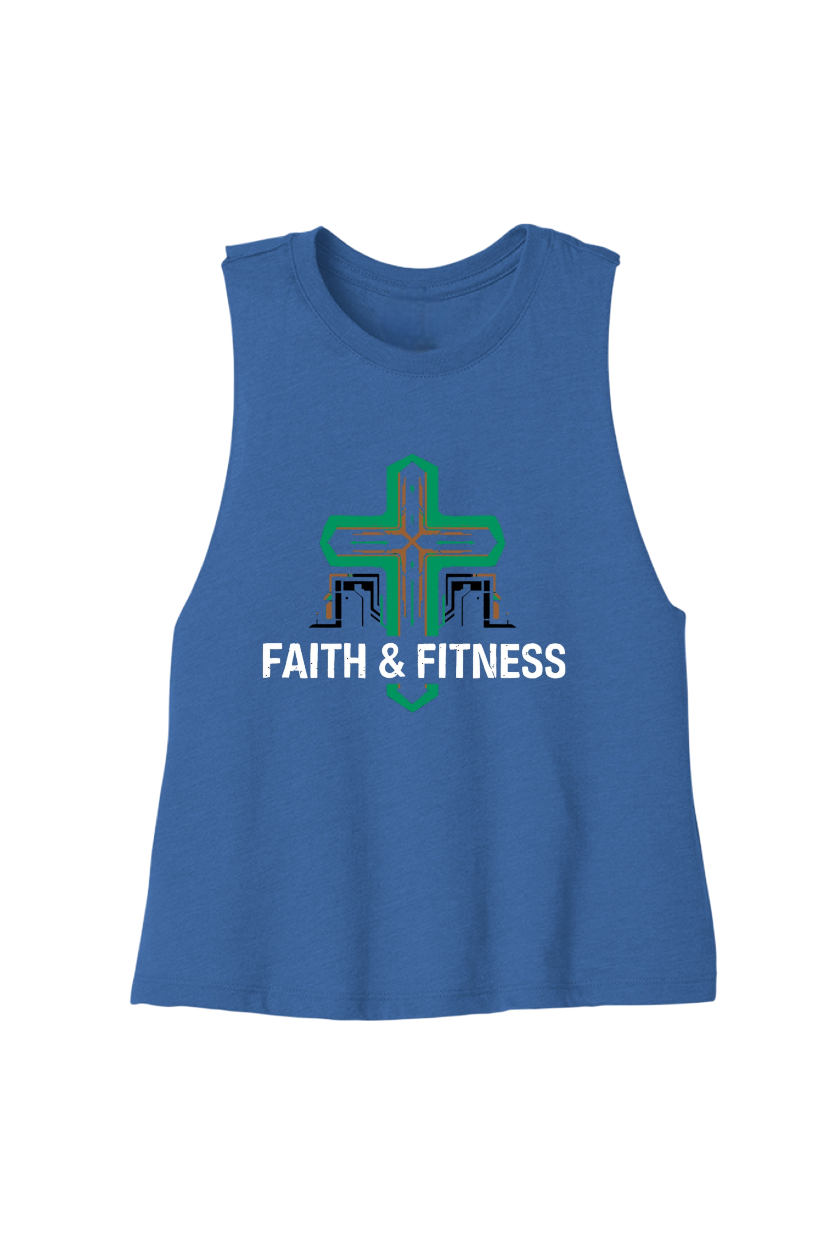 Blue tank top with 'Faith & Fitness' logo on a white background