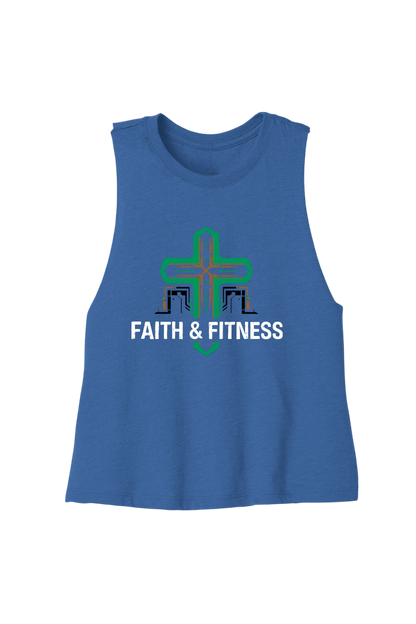 Blue tank top with 'Faith & Fitness' logo on a white background