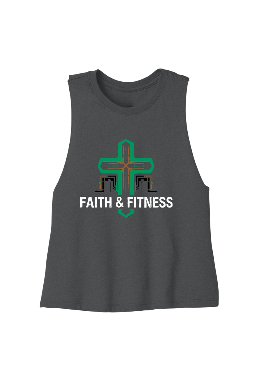 Gray tank top with 'Faith & Fitness' design on a white background