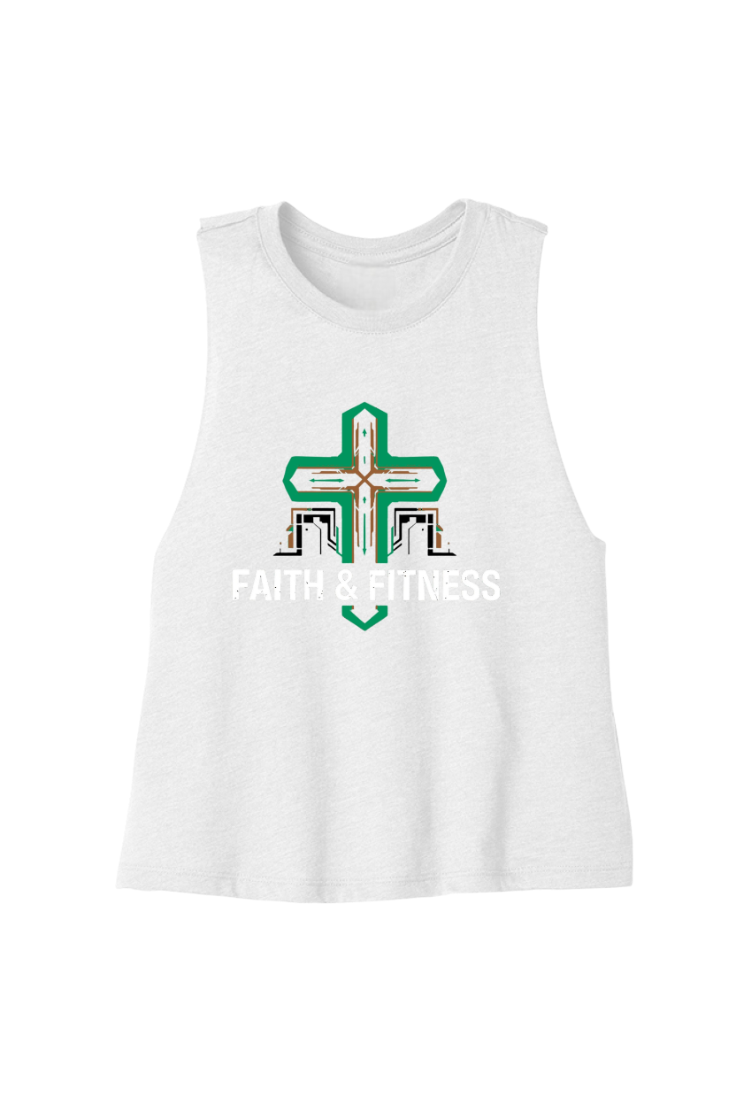 White tank top with a green and black cross design and 'Faith Fitness' text on a white background