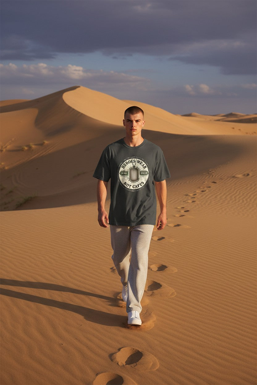 Man walking on sand dunes with a dark sky above