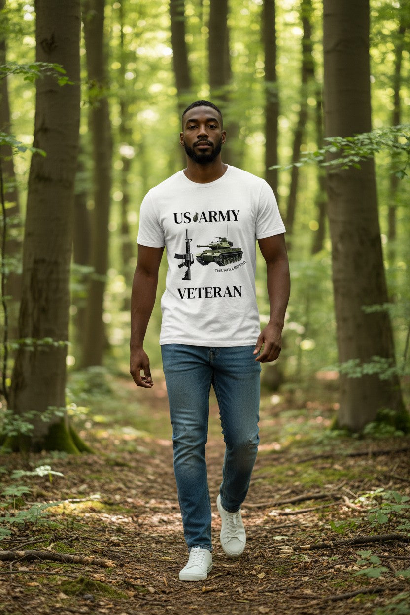 Man wearing a 'US Army Veteran' t-shirt in a forest
