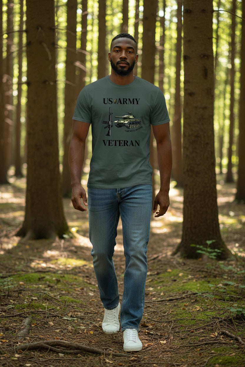 Man walking through a forest wearing a t-shirt labeled 'US Army Veteran'.