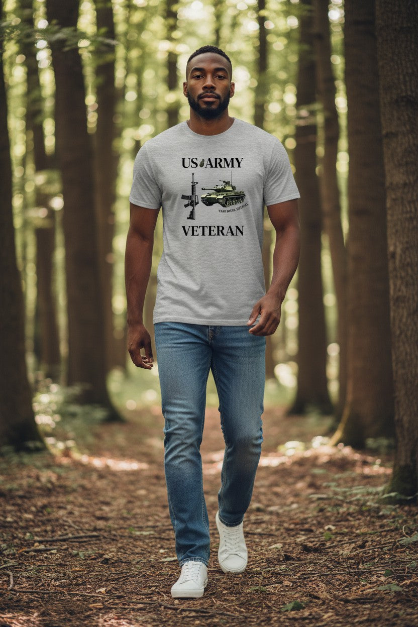 Man wearing a 'US Army Veteran' t-shirt in a forest