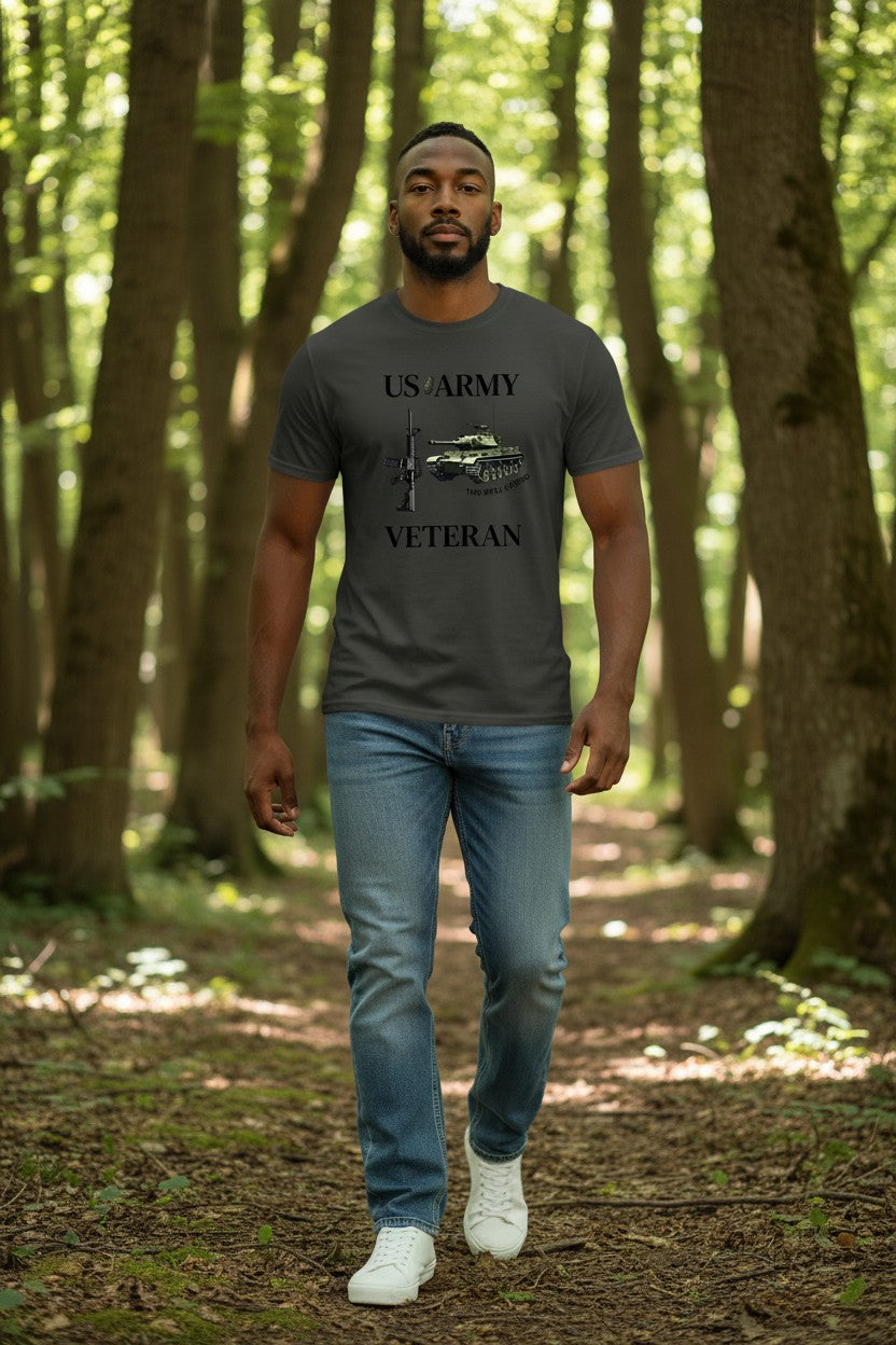Man wearing a 'US Army Veteran' t-shirt in a forest