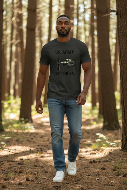 Man wearing a 'US Army Veteran' t-shirt in a forest setting