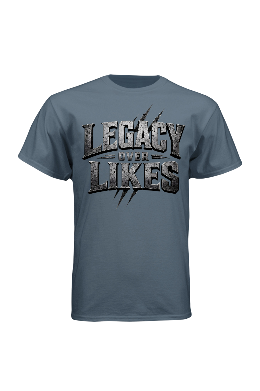 Blue t-shirt with 'Legacy over Likes' text on a white background