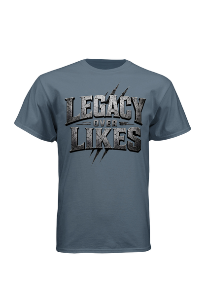 Blue t-shirt with 'Legacy over Likes' text on a white background