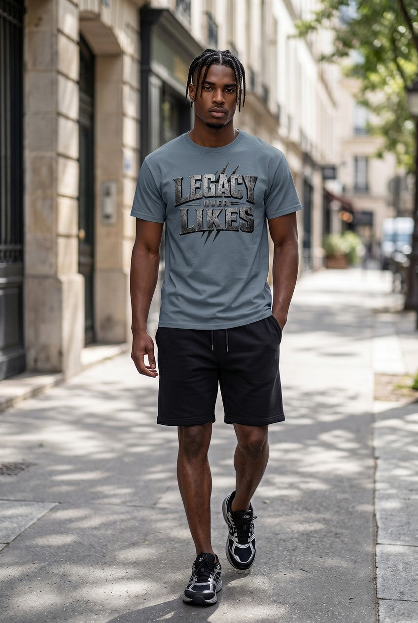 Man wearing a gray t-shirt with 'Legacy over Likes' text on a city street.