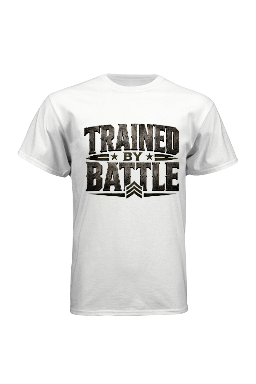 White t-shirt with 'Trained by Battle' text on a white background