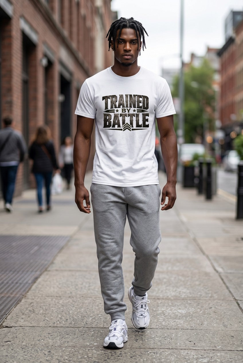 Man wearing a white t-shirt with text and gray sweatpants on a city street.