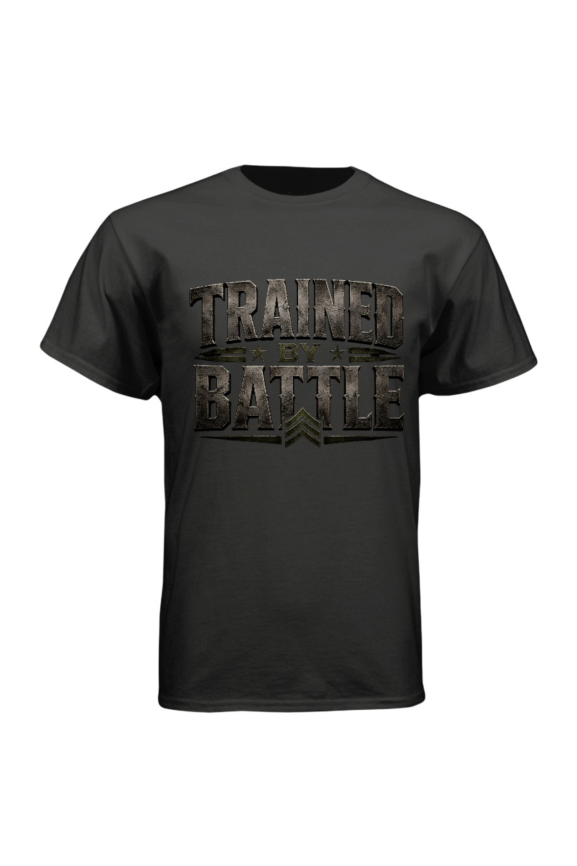 Black t-shirt with 'Trained Battle' text on a white background