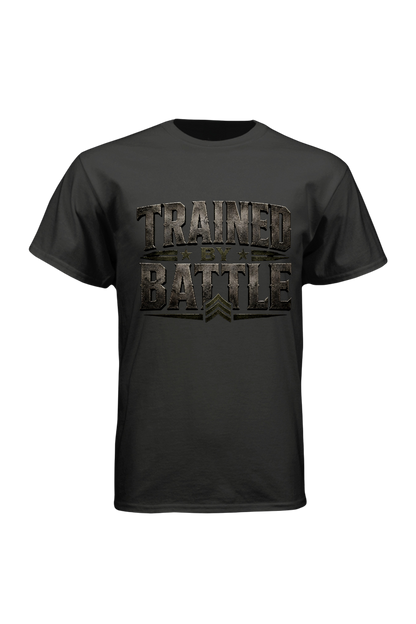 Black t-shirt with 'Trained Battle' text on a white background