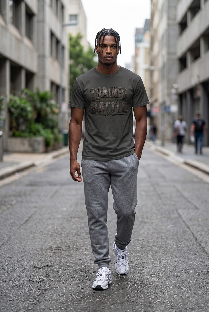 Man wearing a gray t-shirt with text and gray sweatpants on a city street.