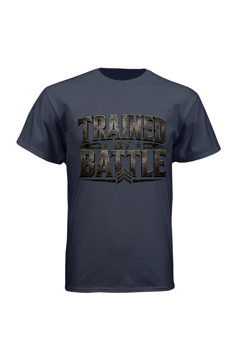 Navy blue t-shirt with 'Trained for Battle' text on a white background