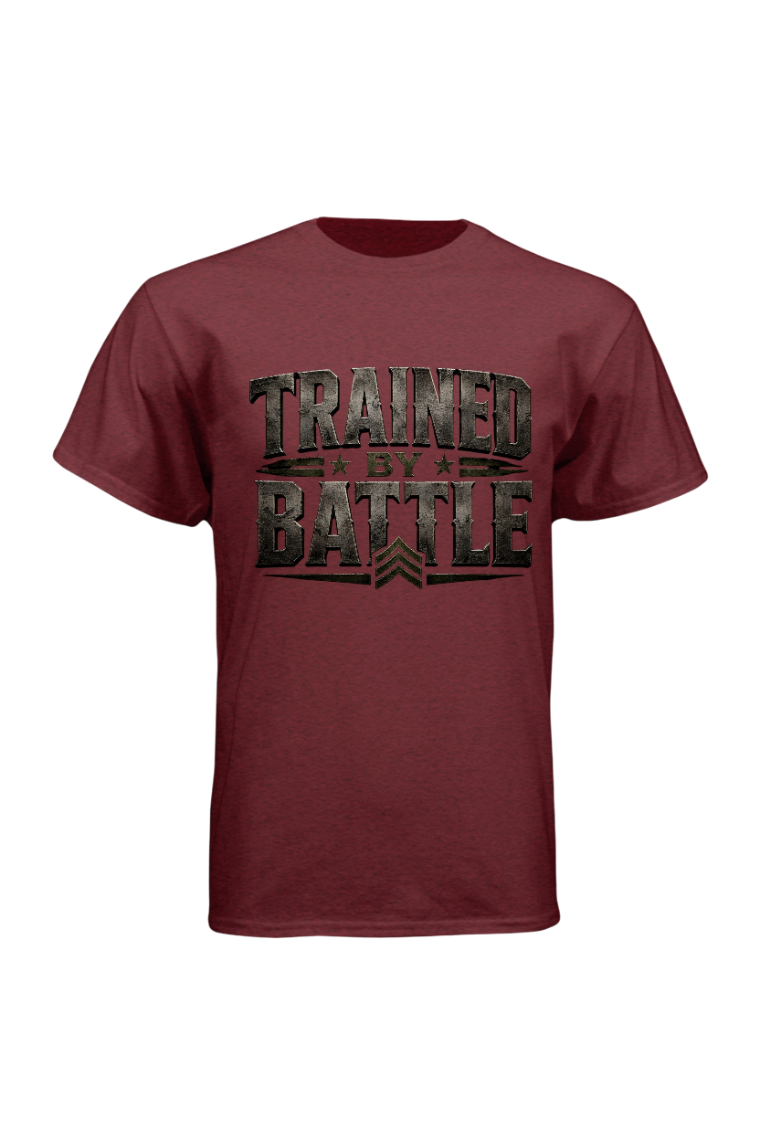 Maroon t-shirt with 'Trained by Battle' text on a white background
