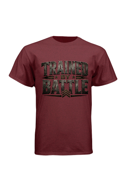 Maroon t-shirt with 'Trained by Battle' text on a white background
