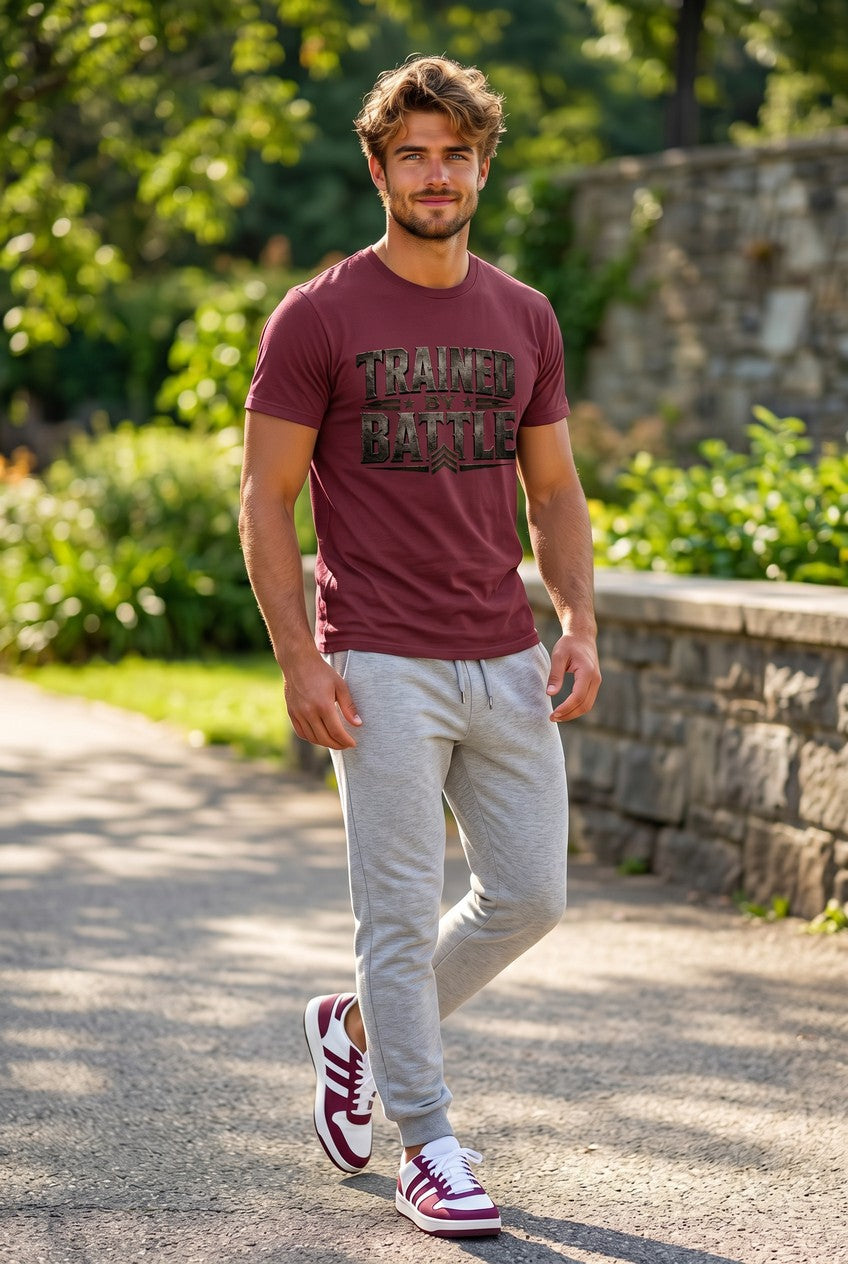 Man walking outdoors wearing a maroon t-shirt with text, gray sweatpants, and red sneakers.