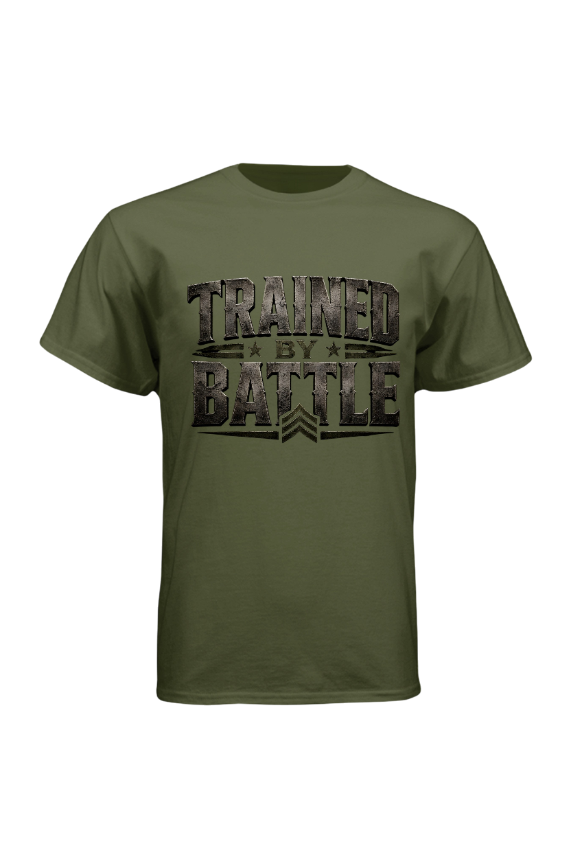 Green t-shirt with 'Trained by Battle' text on a white background