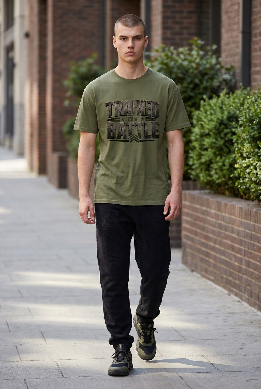 Man wearing a green t-shirt with text and black pants walking on a sidewalk.