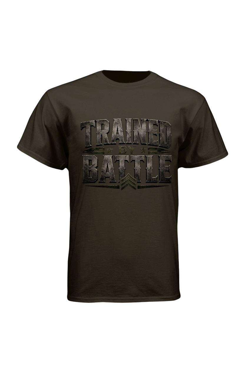 Brown t-shirt with 'Trained for Battle' text on a white background