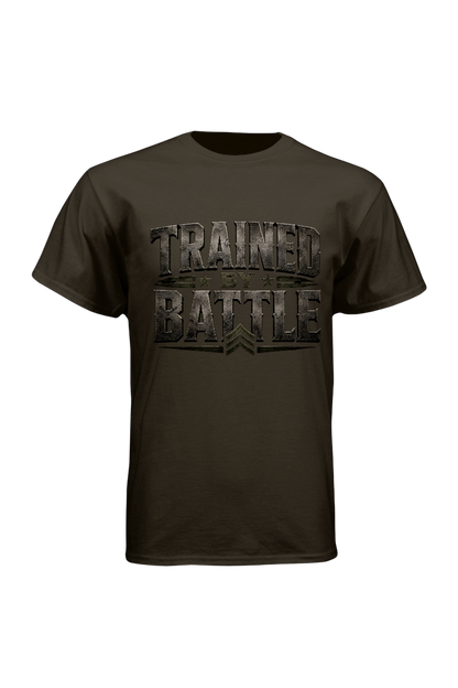 Brown t-shirt with 'Trained for Battle' text on a white background