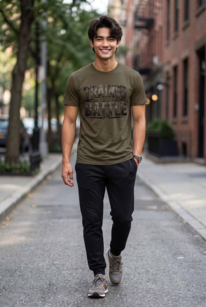 Man walking on a street wearing an olive green t-shirt with text and black pants.