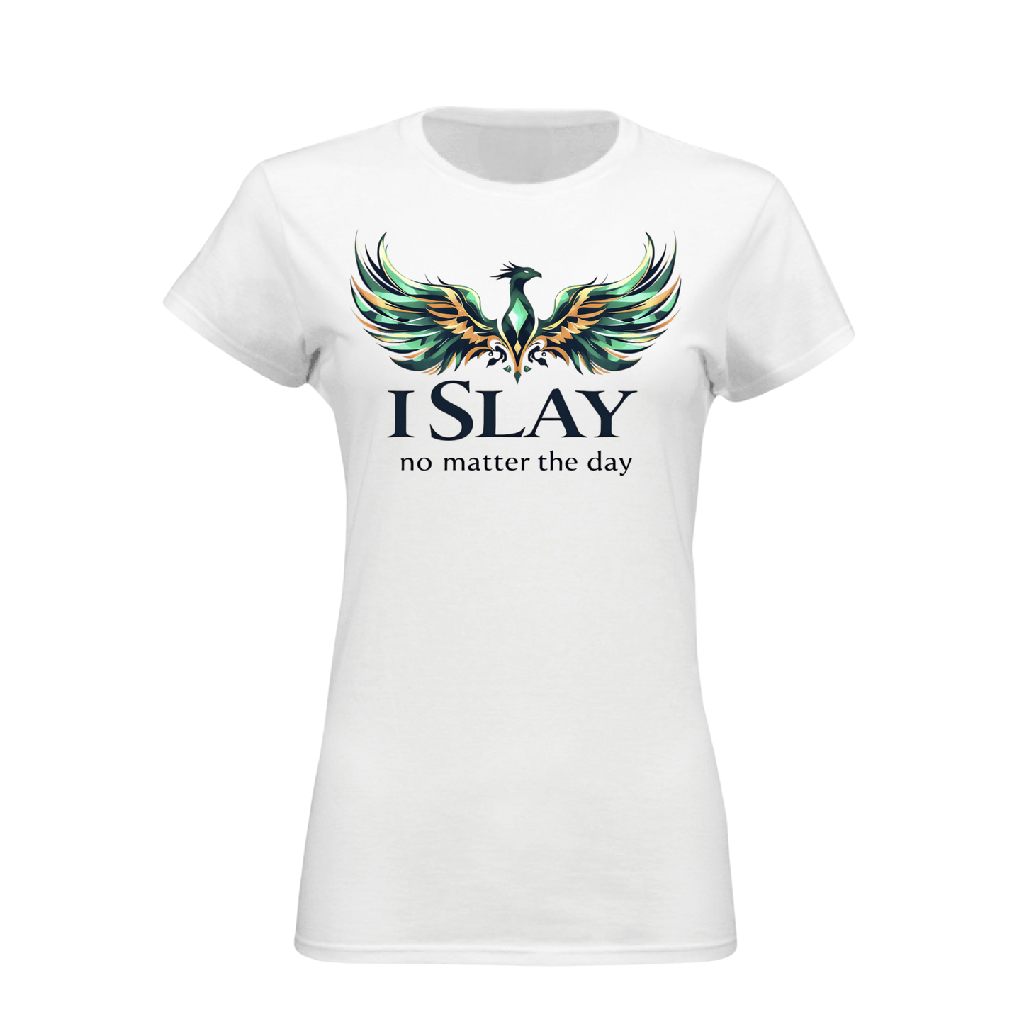 White t-shirt with a colorful phoenix design and text on a white background