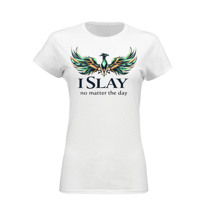 White t-shirt with a colorful phoenix design and text on a white background