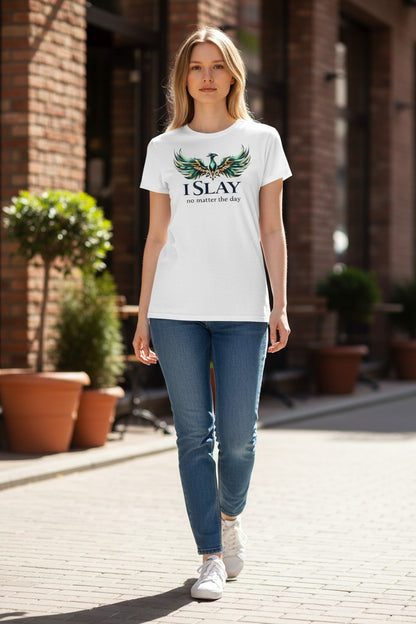 Woman wearing a white t-shirt with 'Islay' design walking on a street.