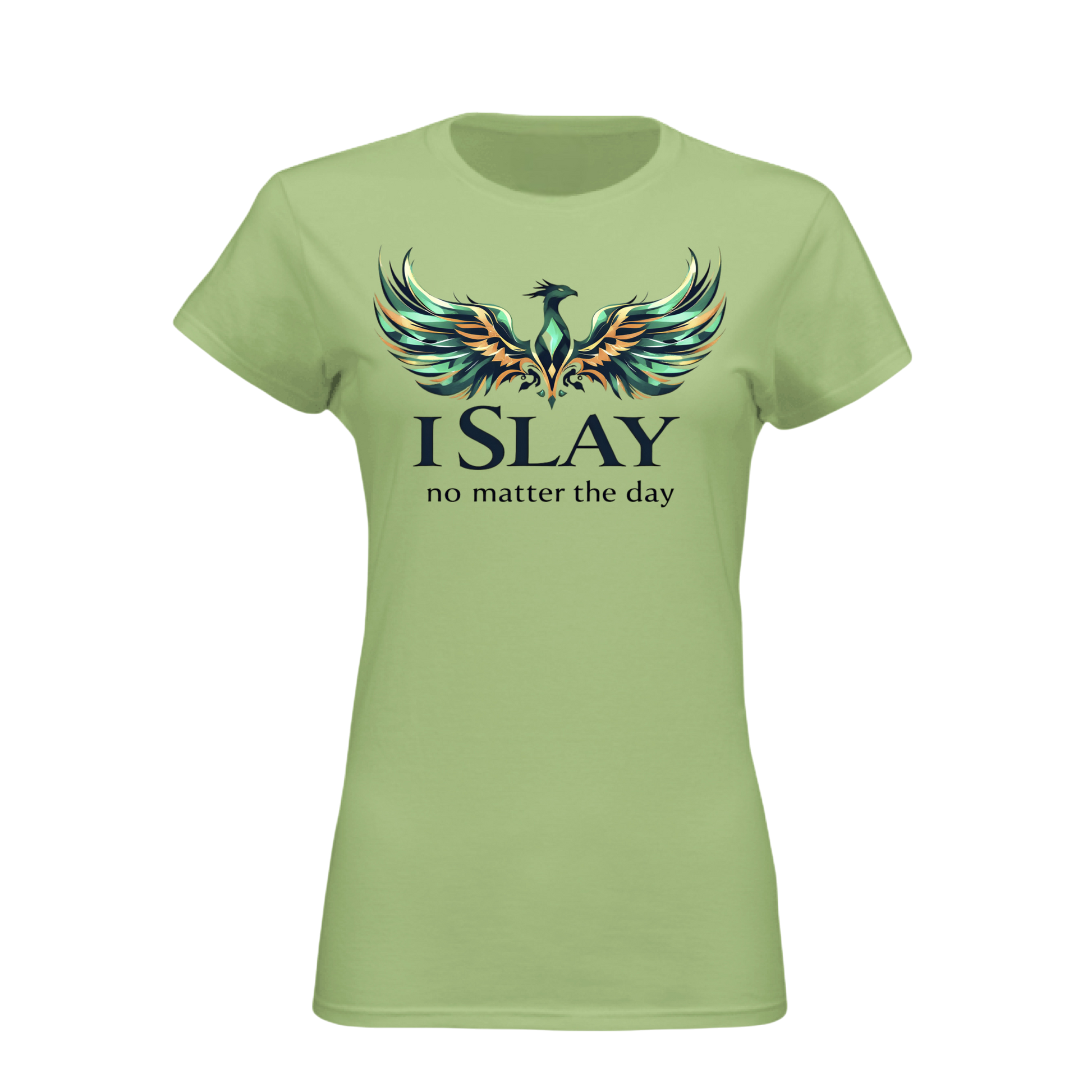 Light green t-shirt with a colorful phoenix design and text on a white background