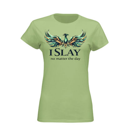 Light green t-shirt with a colorful phoenix design and text on a white background