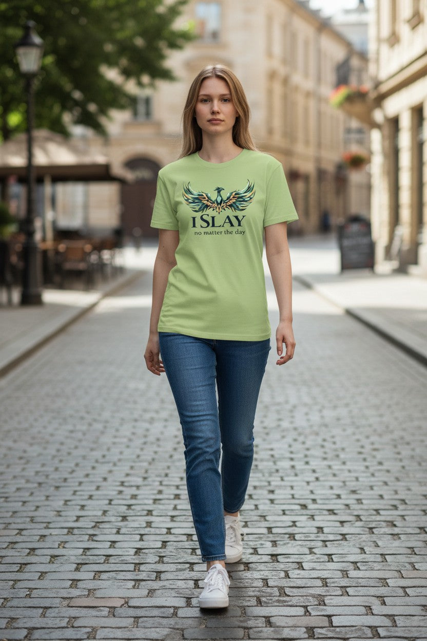 Woman wearing a green t-shirt with 'Islay' design walking on a street.