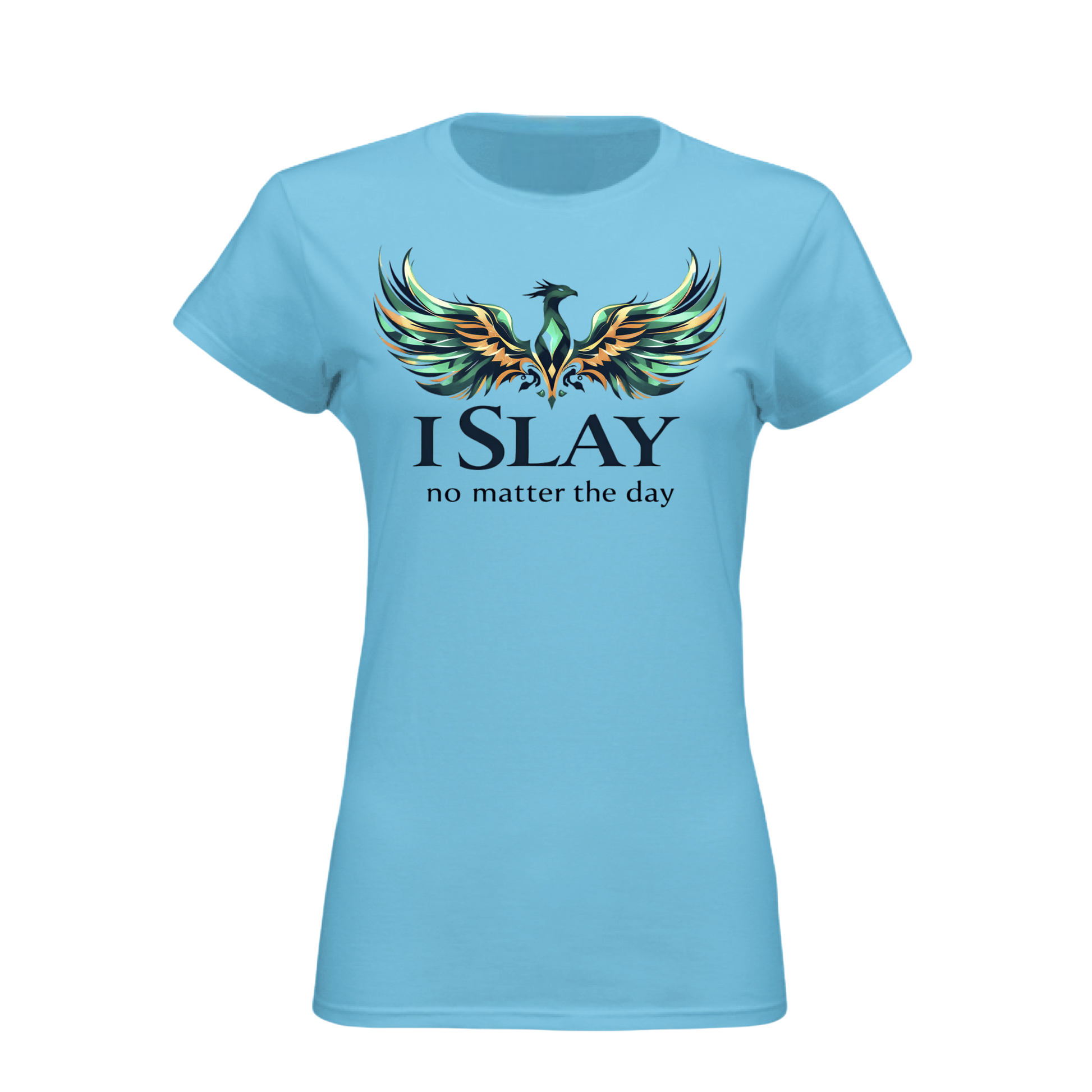 Light blue t-shirt with a colorful phoenix design and text on a white background