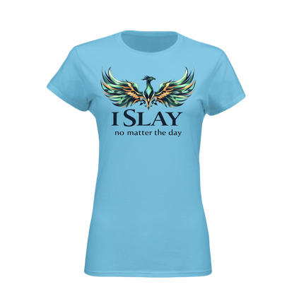 Light blue t-shirt with a colorful phoenix design and text on a white background