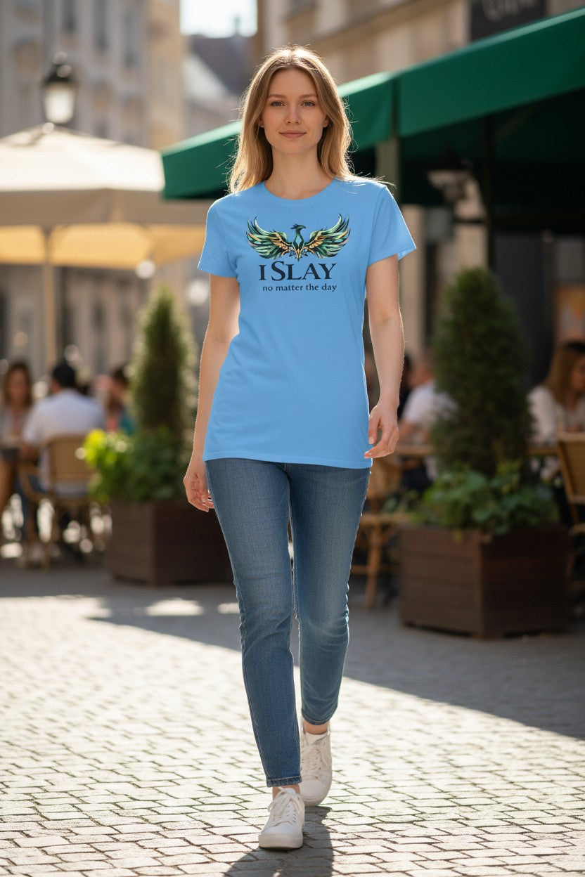 Woman wearing a blue t-shirt with 'Islay' design on a street.