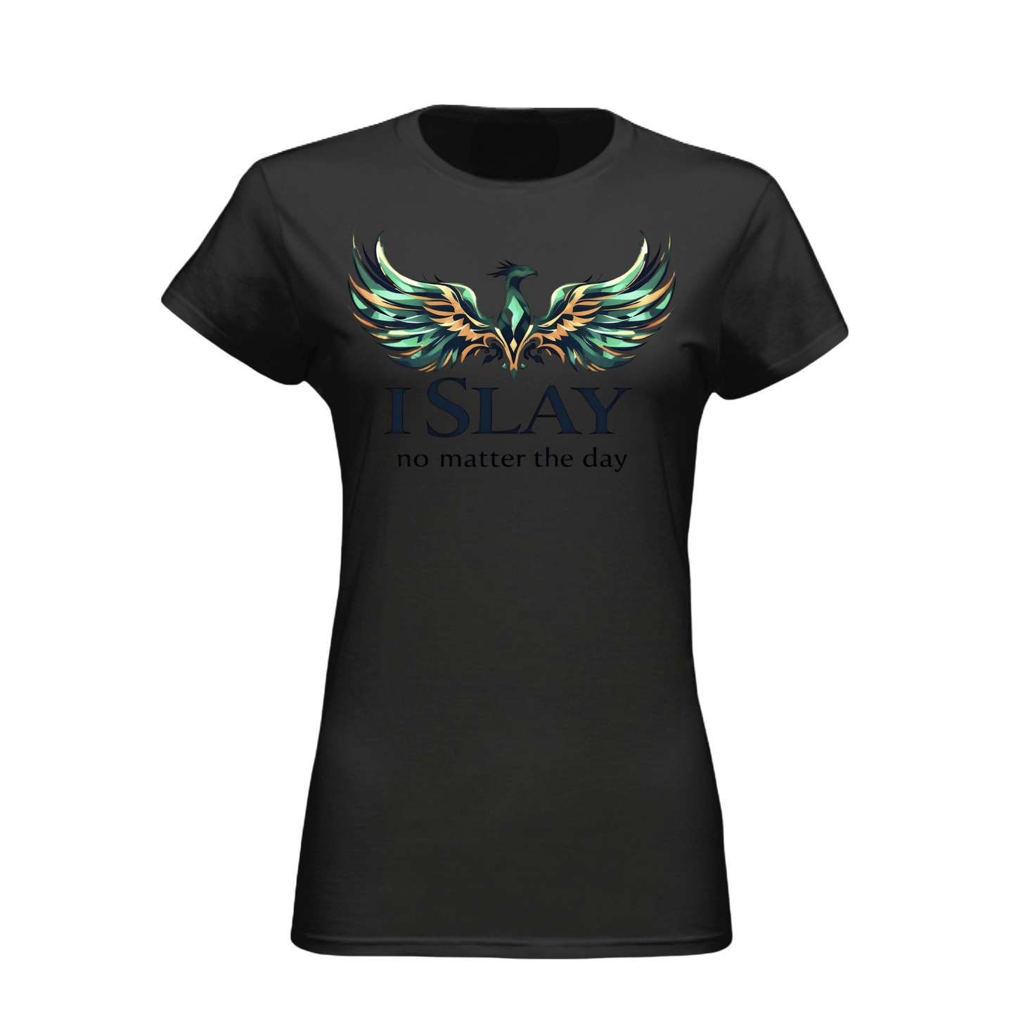 Black t-shirt with a colorful phoenix design and text on a white background